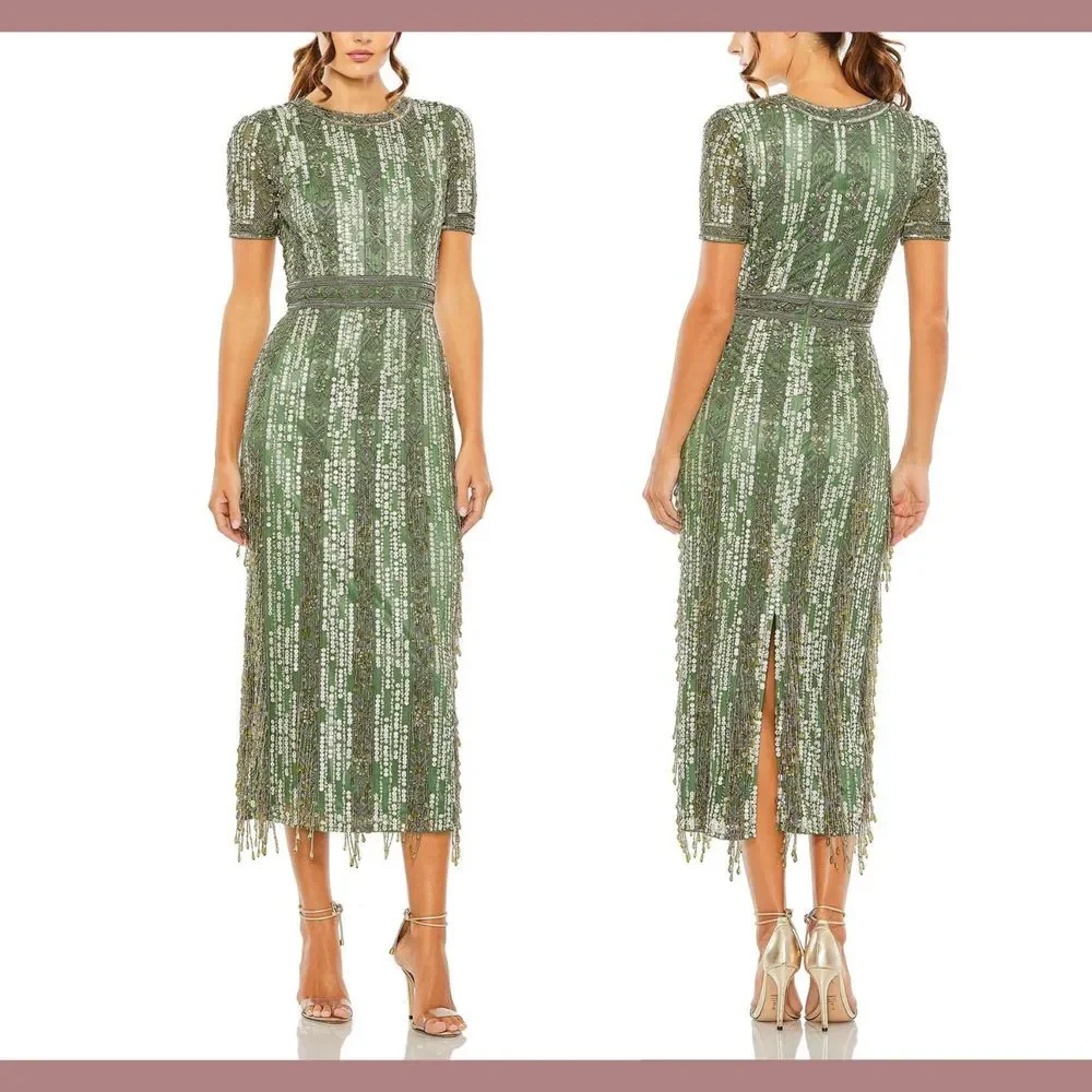 NWT Mac Duggal [ 8 ] 5980 High Neck Short‎ Sleev Crystal Fringe Dress Sage Q931